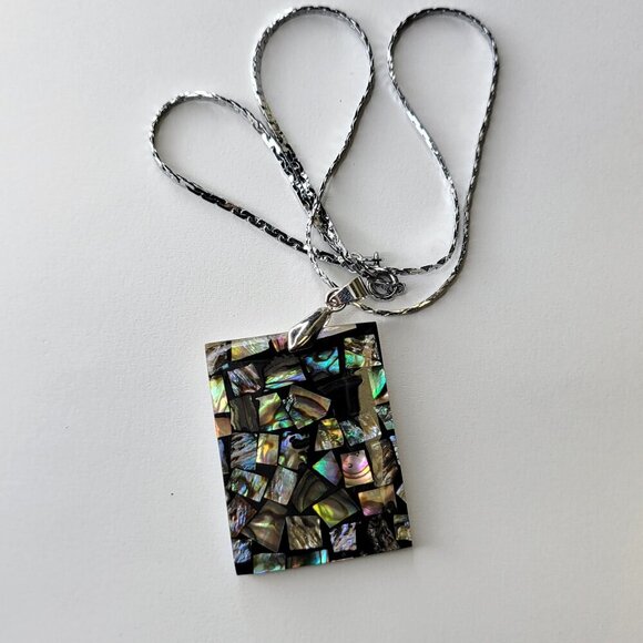 Genuine Abalone Shell Inlay Rectangular Pendant with Silver Necklace - Picture 5 of 8